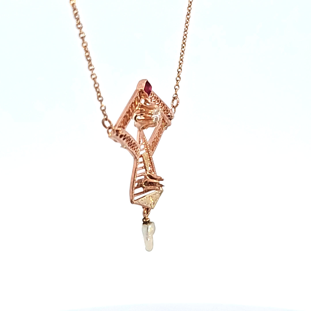 14KR Diamond and Pearl Estate Necklace