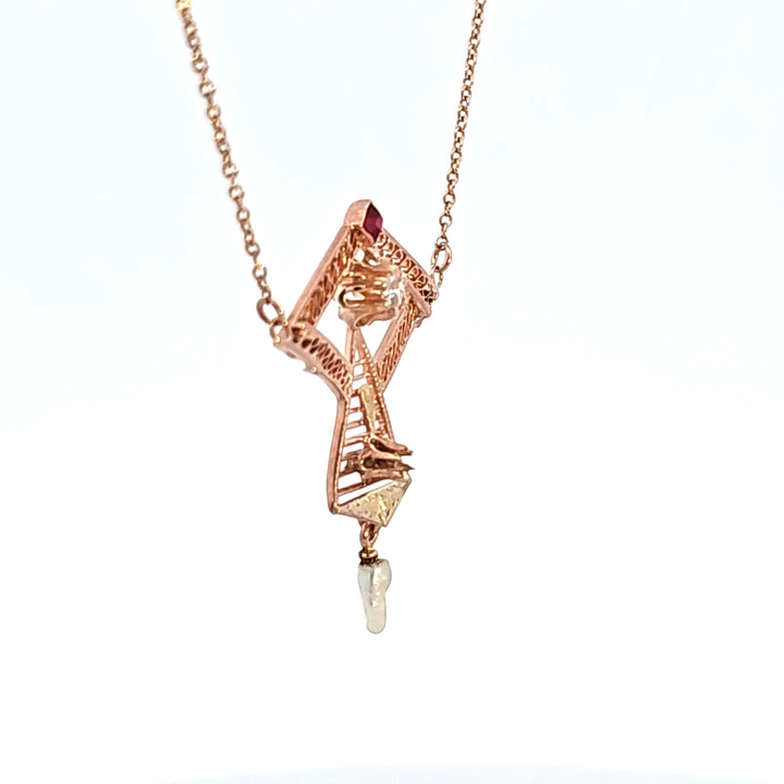 14KR Diamond and Pearl Estate Necklace
