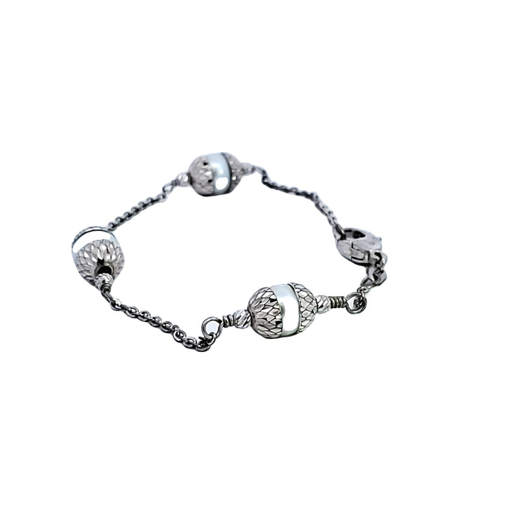 7" Platinum Plated Sterling Silver Bracelet With Round White Pearls