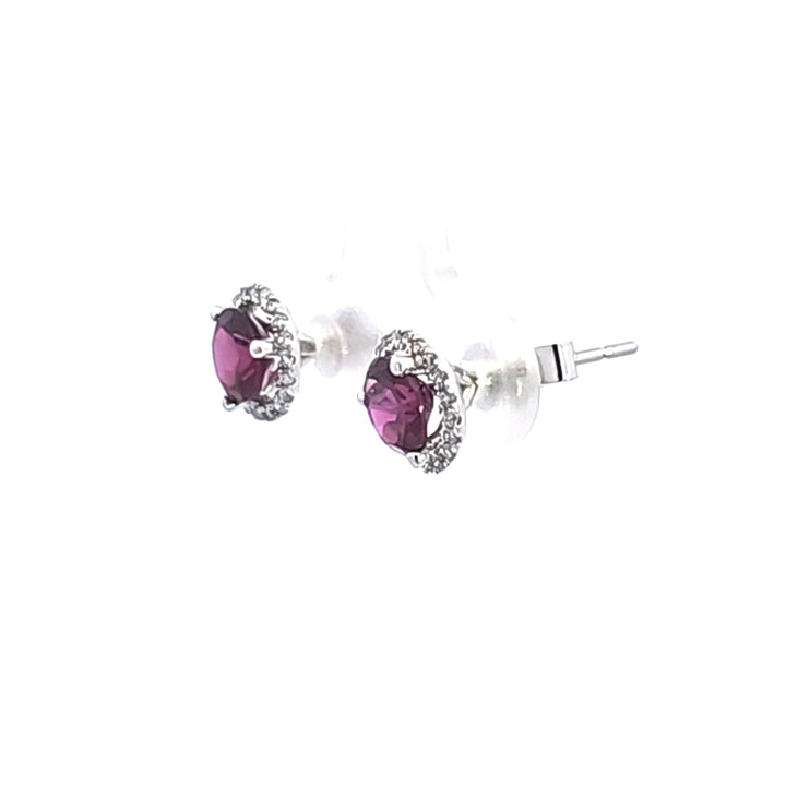 14KW Rhodolite Garnet and Diamond Halo Earrings