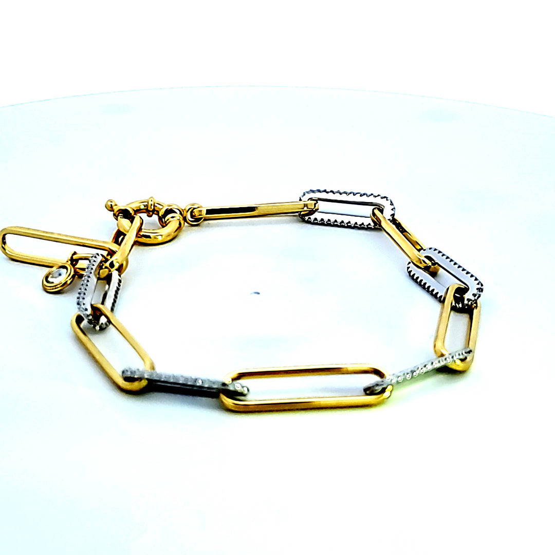 Sterling Silver and 14YG Plated CZ Paper Clip Bracelet