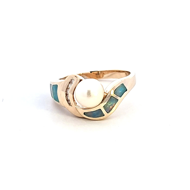 14KY Pearl and Diamond Estate Ring with Opal Inlays