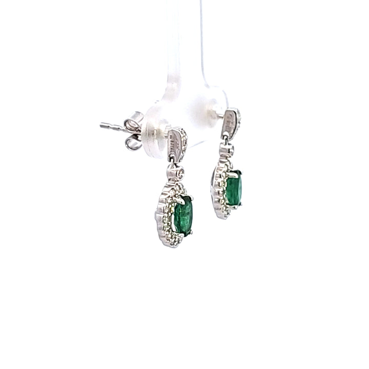 14KW Oval Emerald and Diamond Halo Drop Earrings