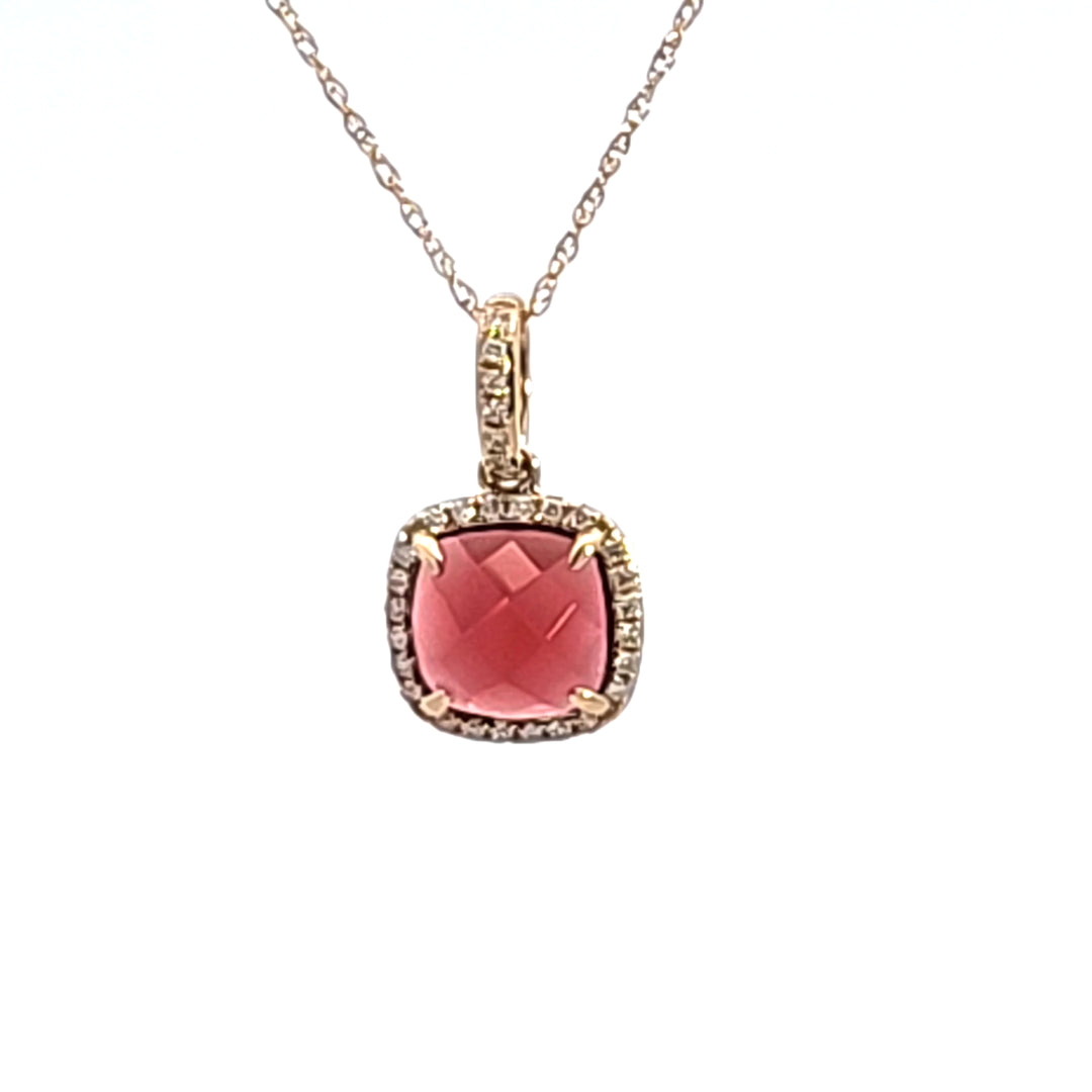 14KY Cushion Garnet and Diamond Pendant Necklace