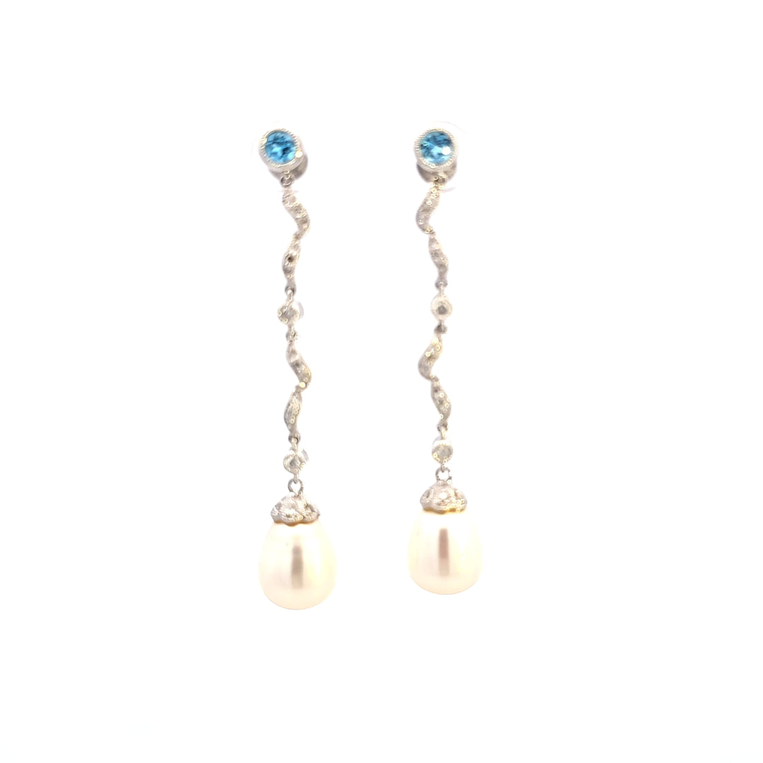 18KW Pearl, Topaz, and Diamond Dangle Estate Earrings