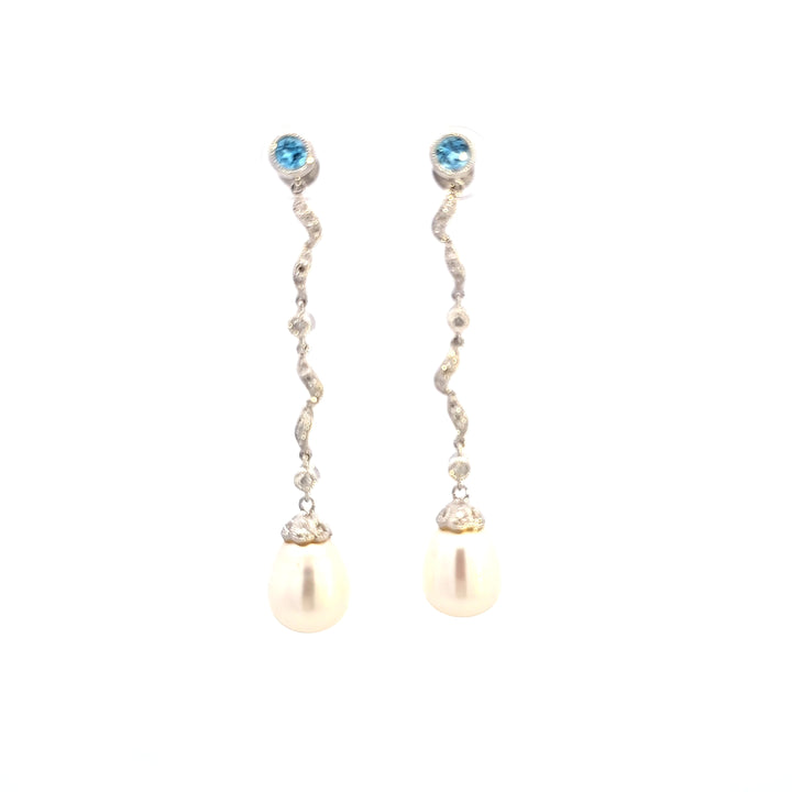 18KW Pearl, Topaz, and Diamond Dangle Estate Earrings