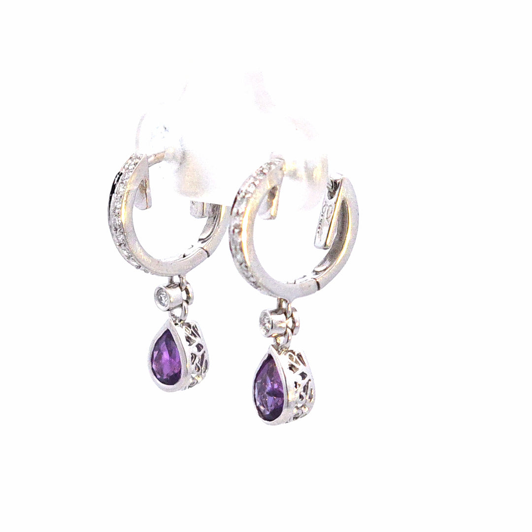 18KW Pear Amethyst and Diamond Drop Earrings