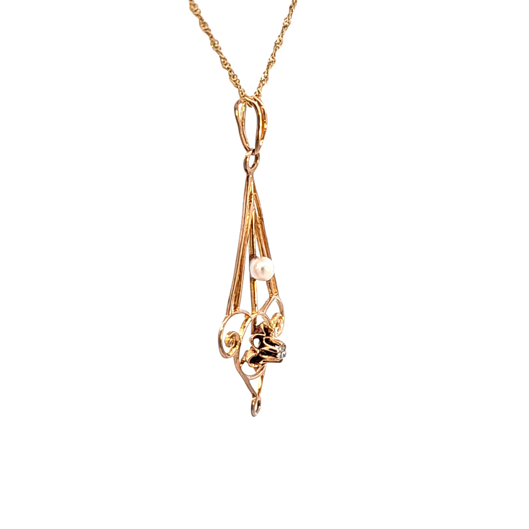 14KY Pearl and Diamond Openwork Estate Pendant