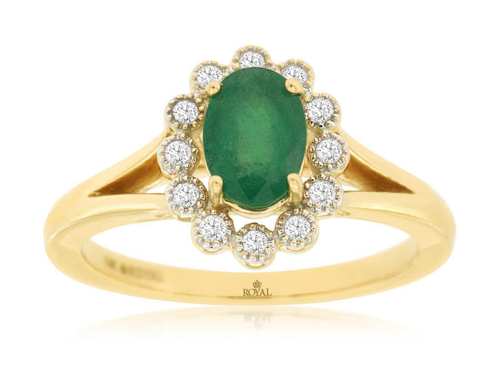 14KY Oval Emerald and Diamond Halo Fashion Ring