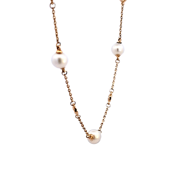 14KY Diamond and Pearl Station Necklace