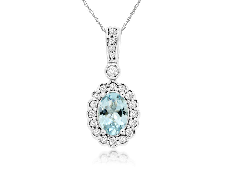 14KW Oval Aquamarine and Diamond Pendant Necklace