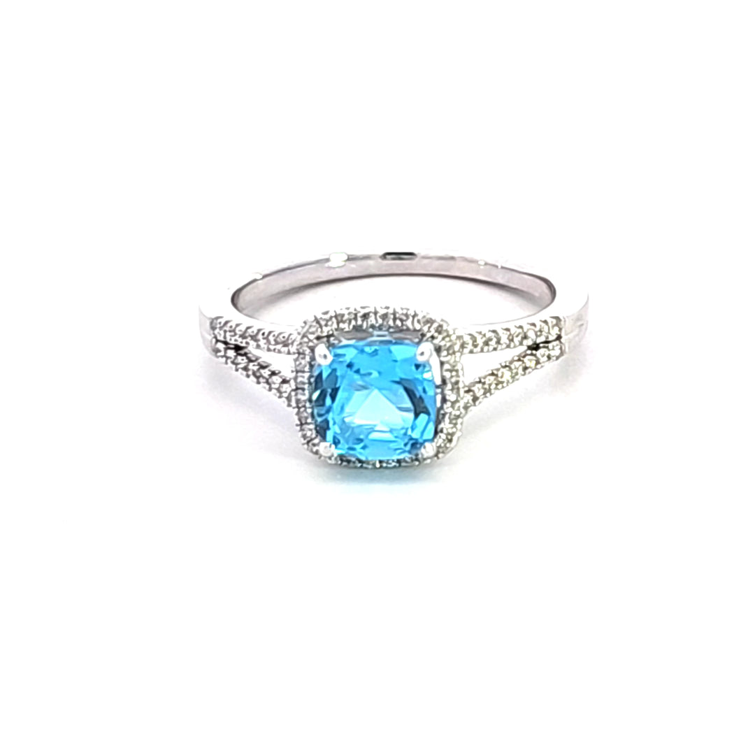 14KW Cushion Blue Topaz and Diamond Ring