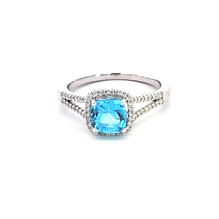 14KW Cushion Blue Topaz and Diamond Ring