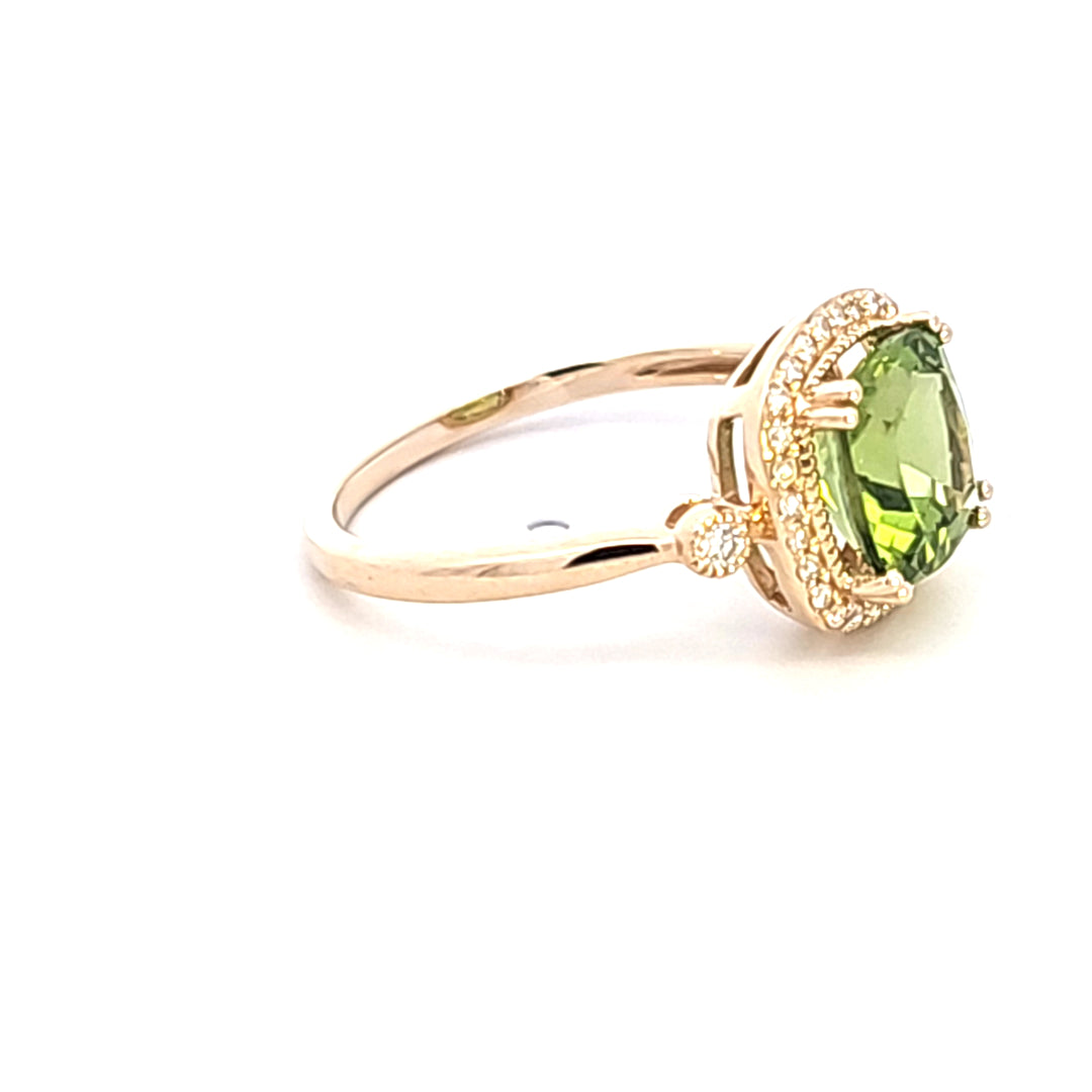 14KY Cushion Peridot and Diamond Halo Ring