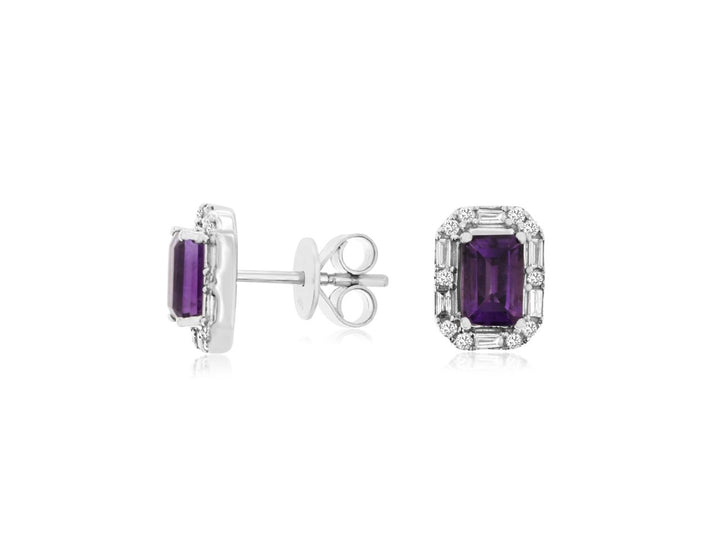 14KW Emerald Amethyst and Diamond Halo Earrings