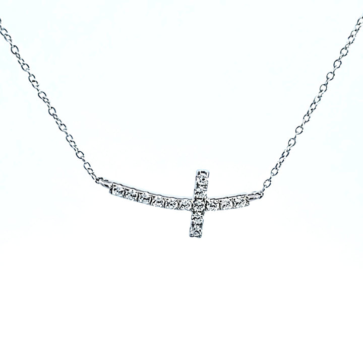 Sterling Silver and Platinum CZ Sideways Cross Necklace