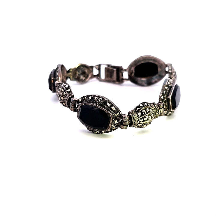 Sterling Silver Onyx and Marcasite Bracelet