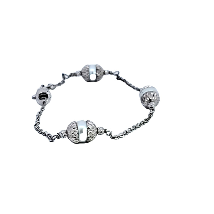 7" Platinum Plated Sterling Silver Bracelet With Round White Pearls