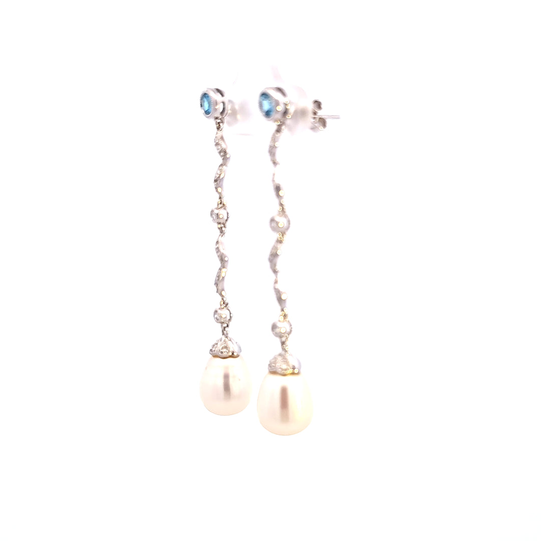 18KW Pearl, Topaz, and Diamond Dangle Estate Earrings