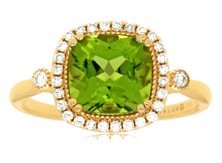 14KY Cushion Peridot and Diamond Halo Ring