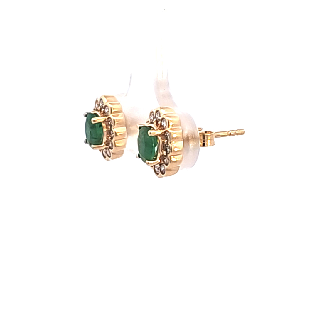 14KY Oval Emerald and Diamond Halo Earrings