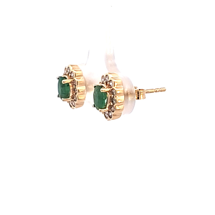 14KY Oval Emerald and Diamond Halo Earrings