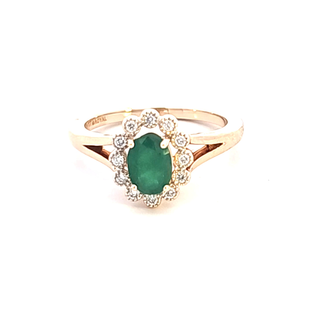 14KY Oval Emerald and Diamond Halo Fashion Ring