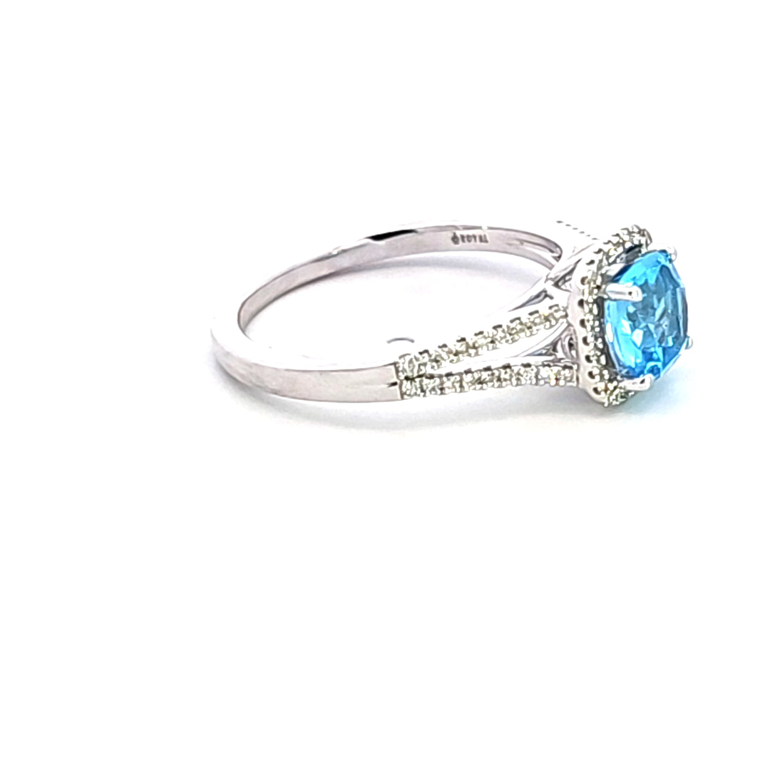 14KW Cushion Blue Topaz and Diamond Ring
