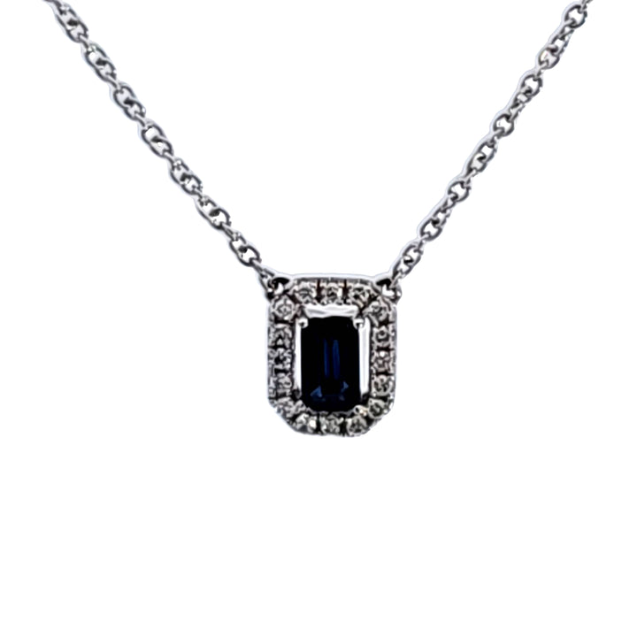 14KW Emerald Cut Sapphire and Diamond Pendant