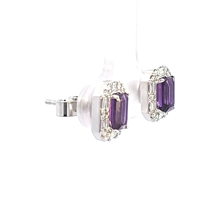 14KW Emerald Amethyst and Diamond Halo Earrings