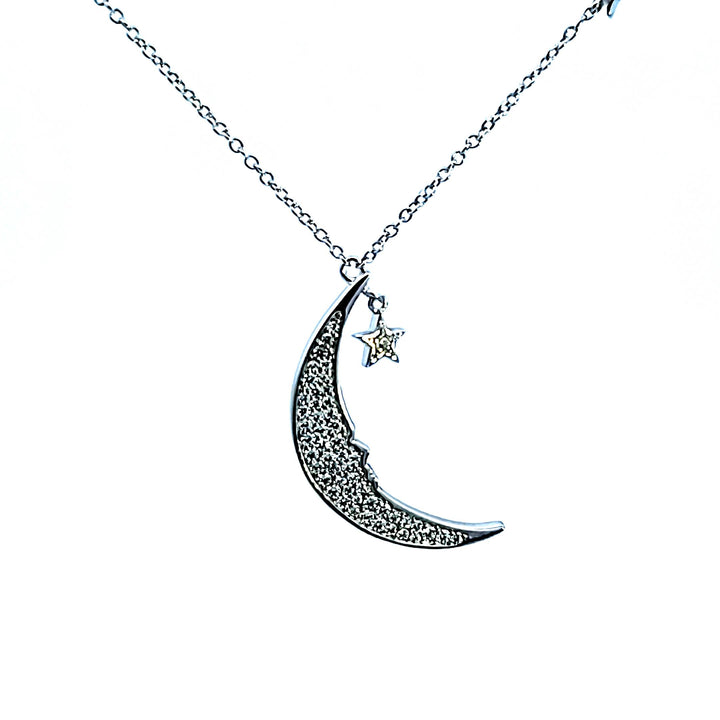 Sterling Silver and Platinum CZ Moon and Star Pendant