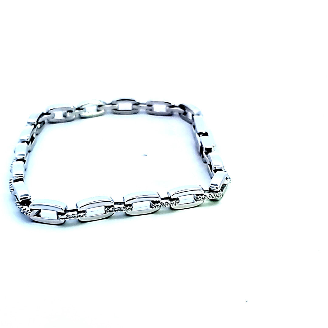 Sterling Silver and Platinum CZ Oval Link Bracelet