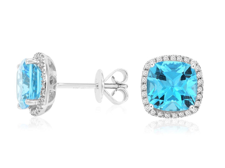 14KW Cushion Blue Topaz and Diamond Halo Earrings