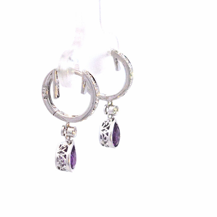 18KW Pear Amethyst and Diamond Drop Earrings