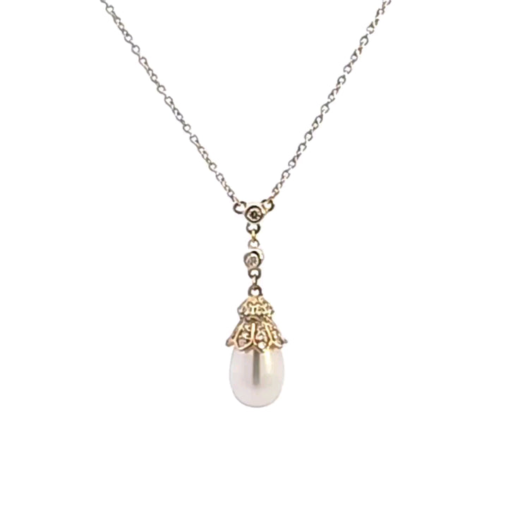 14KY Cultured Drop Pearl and Diamond Pendant