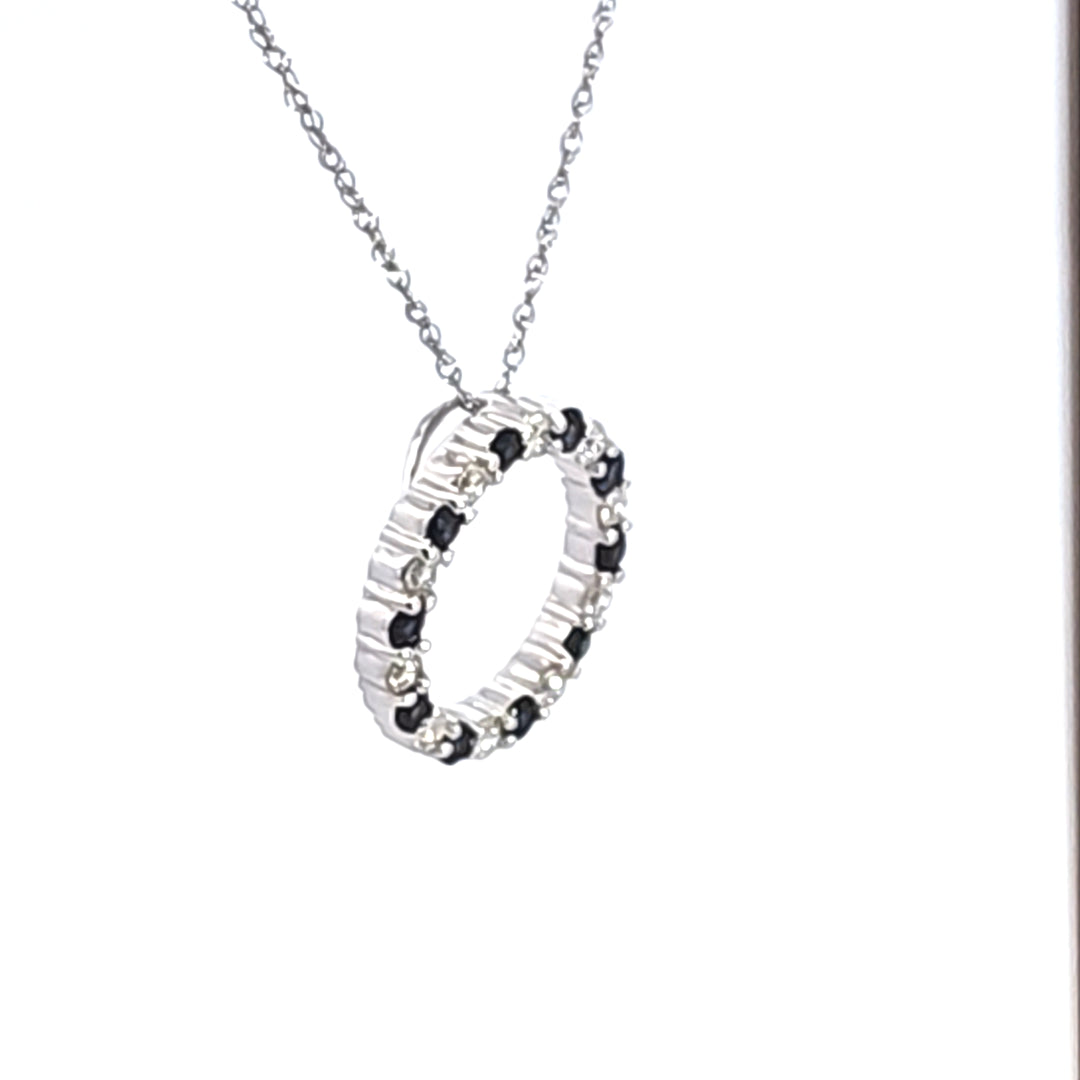 14KW Blue Sapphire and Diamond Circle Pendant Necklace