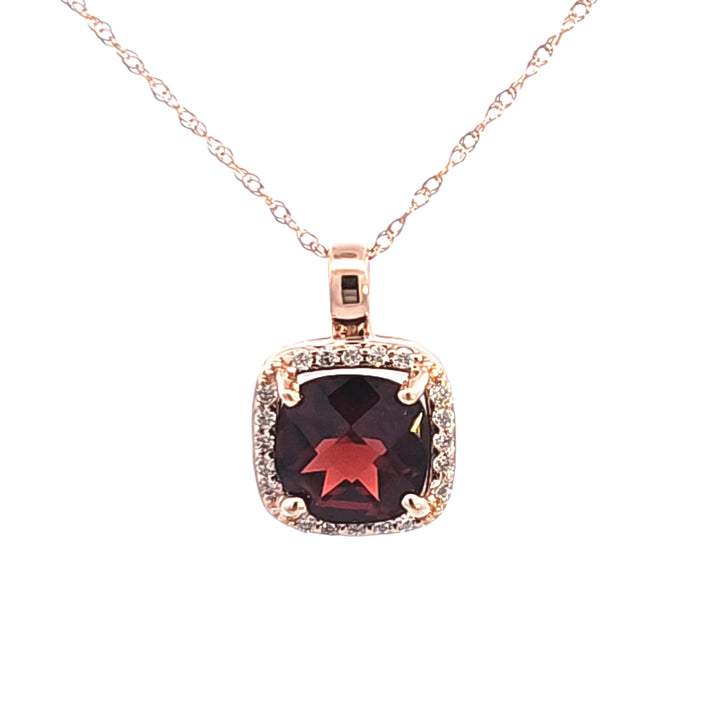 14KR Square Cushion Garnet and Diamond Pendant Necklace
