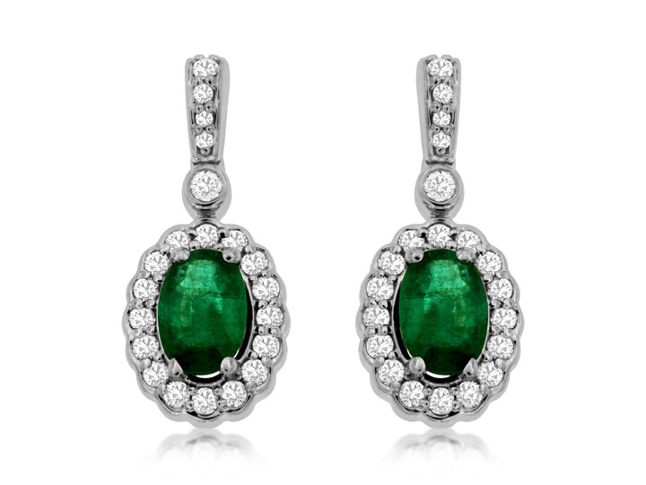 14KW Oval Emerald and Diamond Halo Drop Earrings