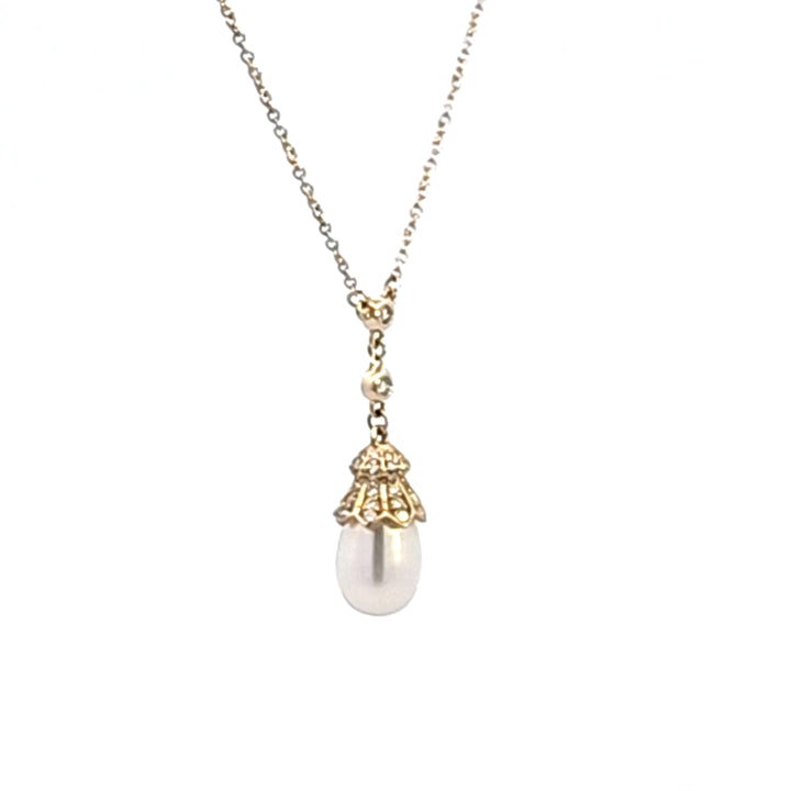 14KY Cultured Drop Pearl and Diamond Pendant